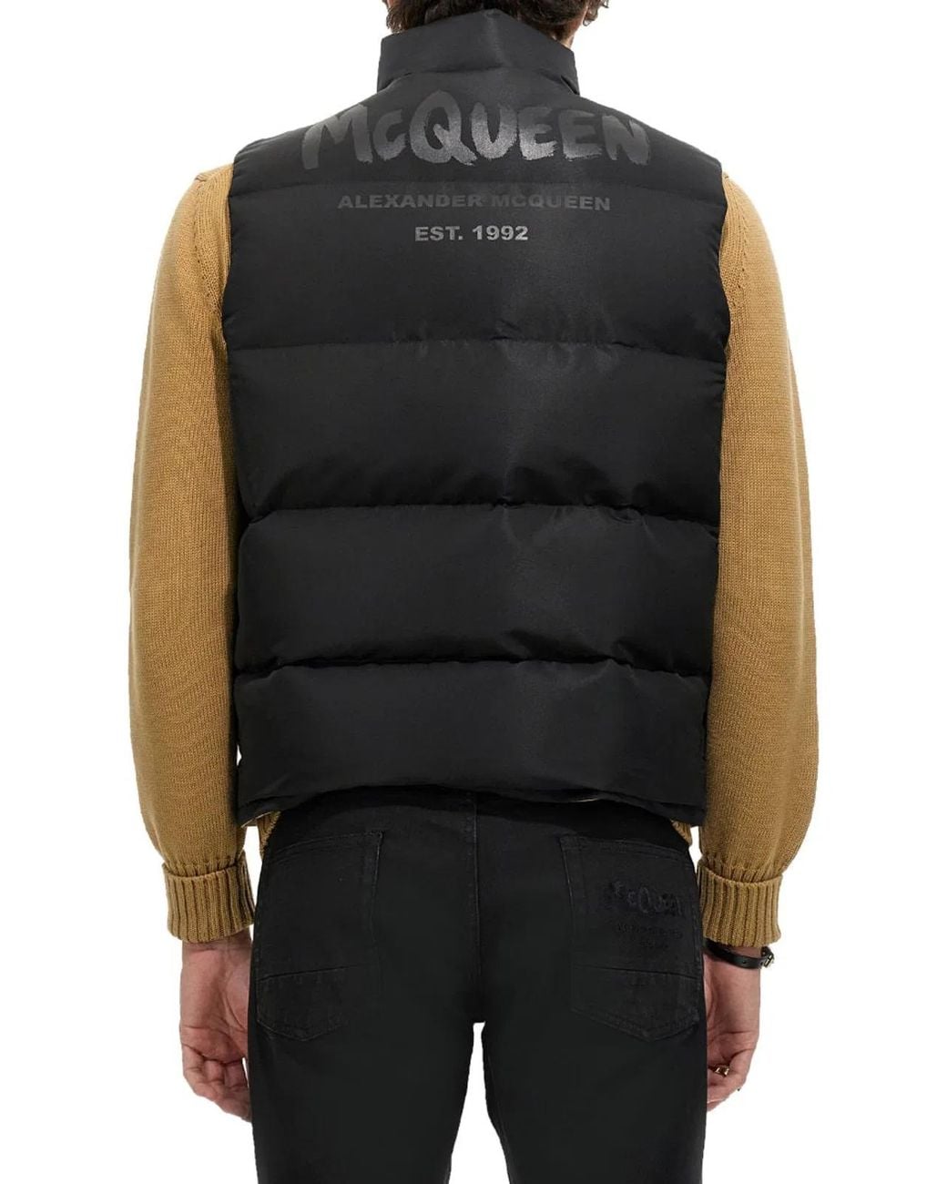 McQueen Black Graffiti Logo Print Down Vest for men
