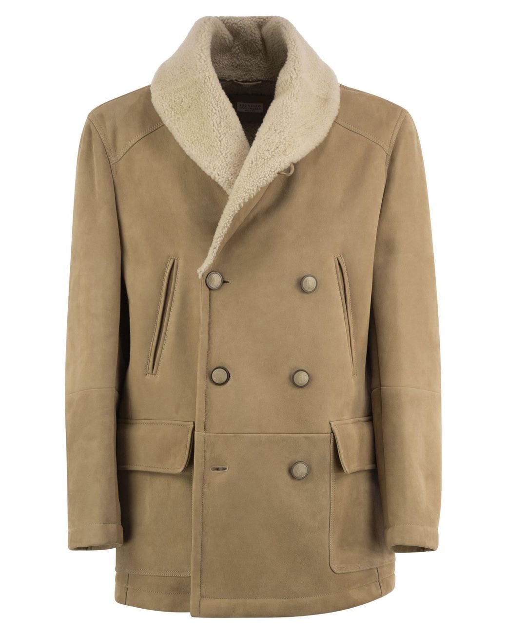 Brunello Cucinelli Natural Double-Breasted Shearling Coat for men