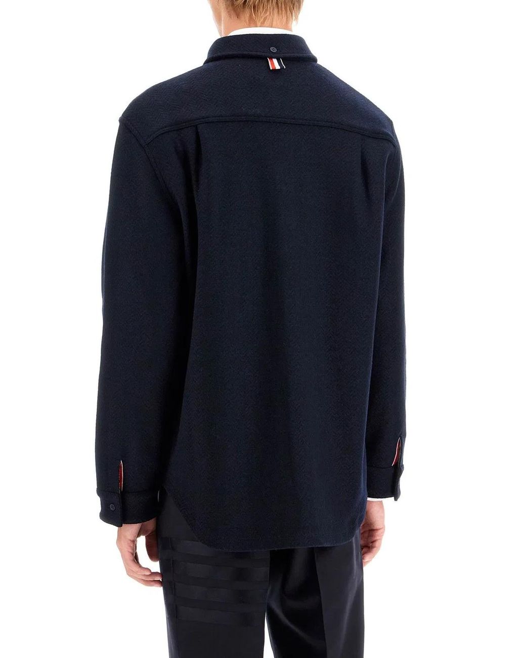 Thom Browne Blue Herringbone Wool Blend Overshirt for men