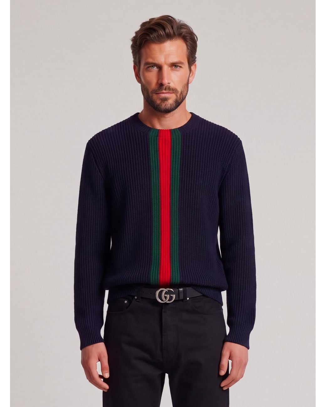 Gucci Blue Fine Ribbed Wool Sweater With Web for men