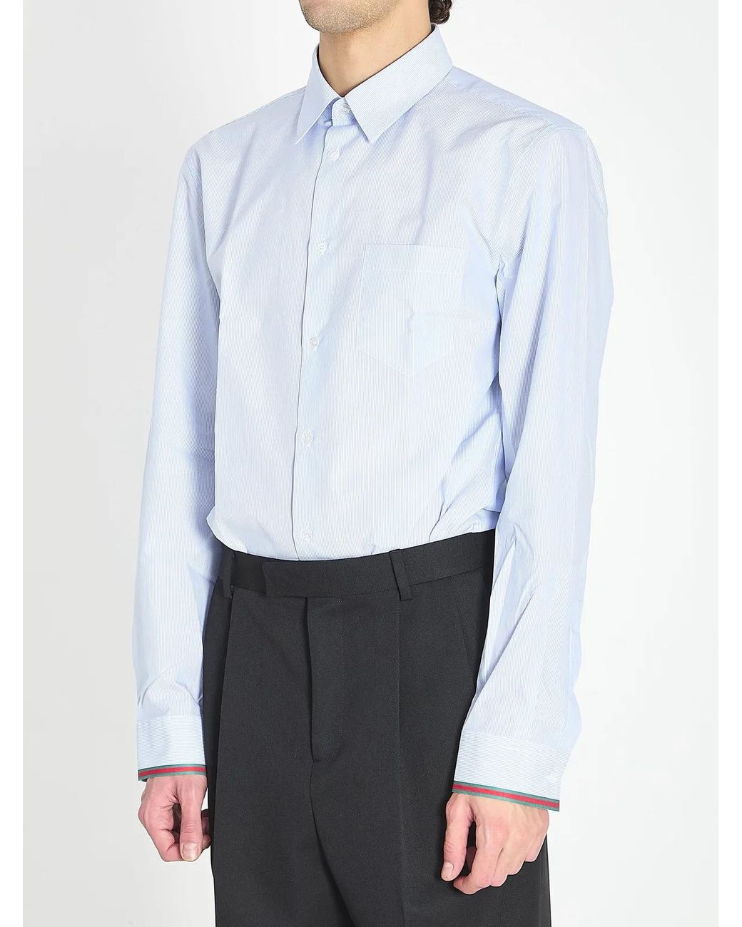 Gucci Blue Cotton Striped Shirt With Web for men