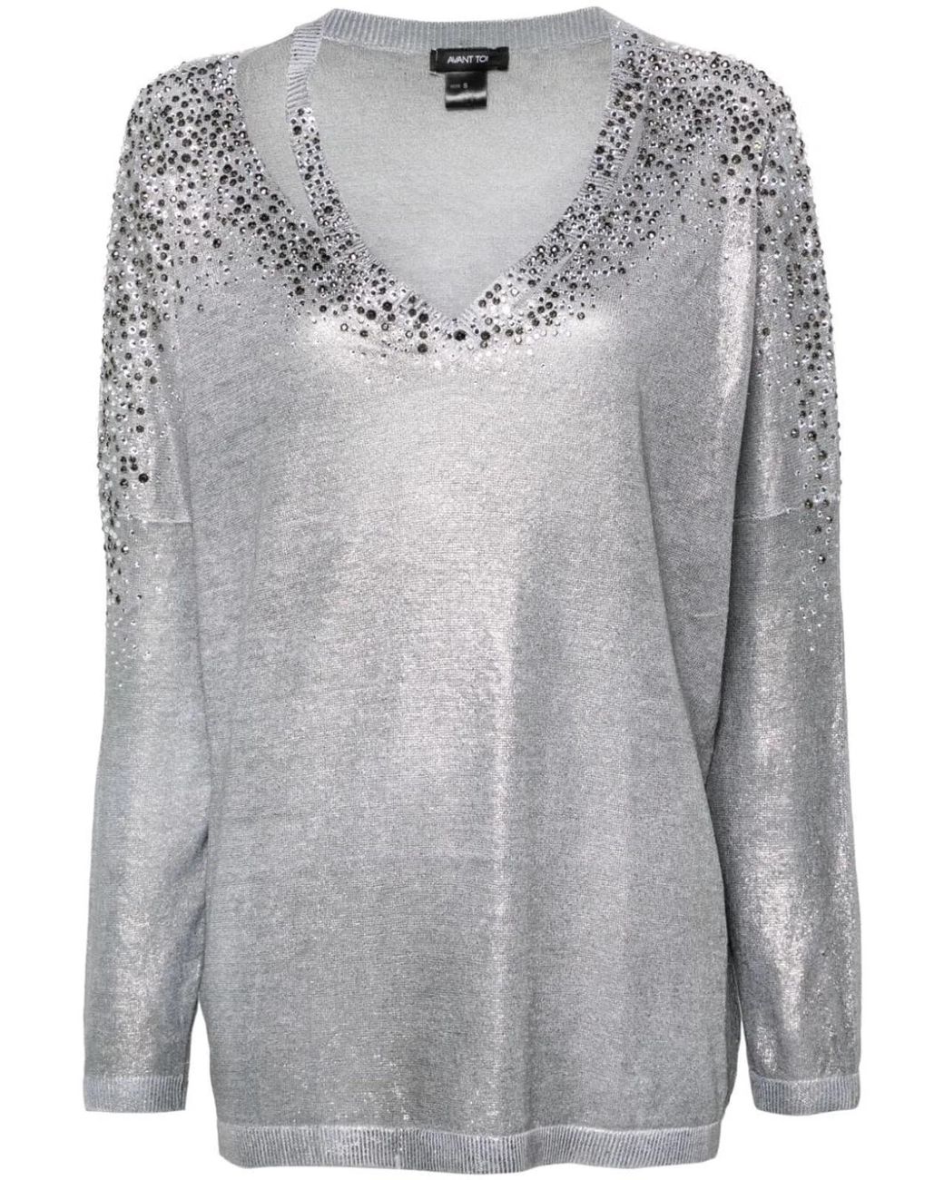 Avant Toi Gray Linen Cotton V-Neck Pullover With Lamination And Strass