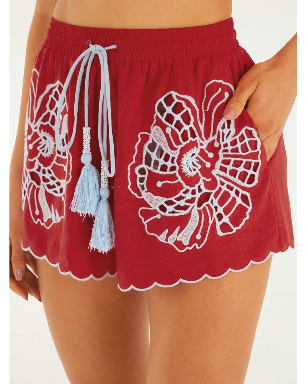 Farm Rio Red Shorts With Embroidery