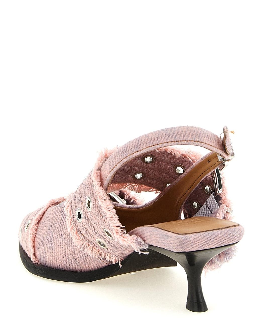 Ganni Pink 'Feminine Buckle Fringed Denim' Slingback