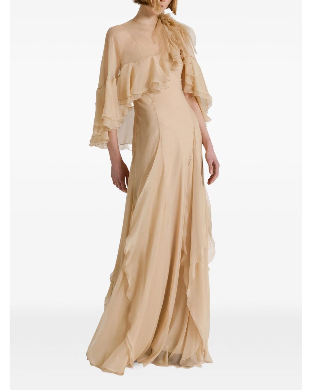 Alberta Ferretti Natural Flowing Maxi Dress With Sheer Overlay And Ruffled Edges