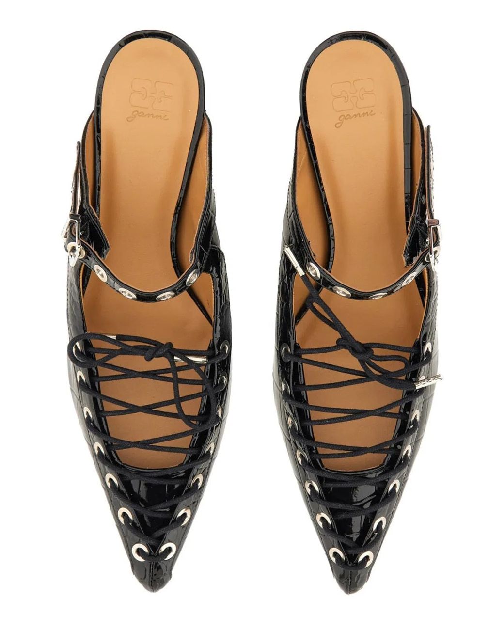 Ganni Black Recycled Leather Lace-Up Moccasins