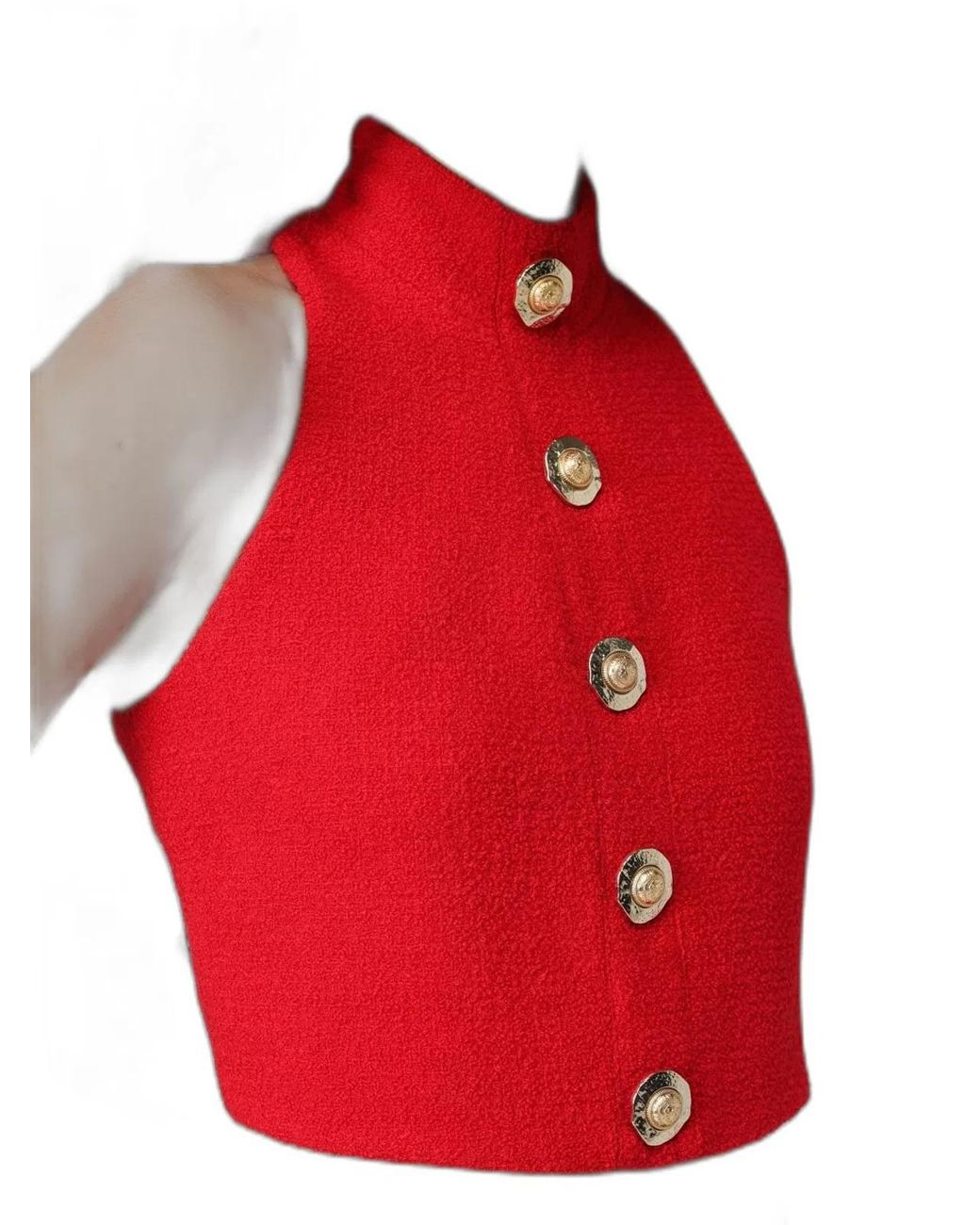 Balmain Red High-Neck Button-Detail Top