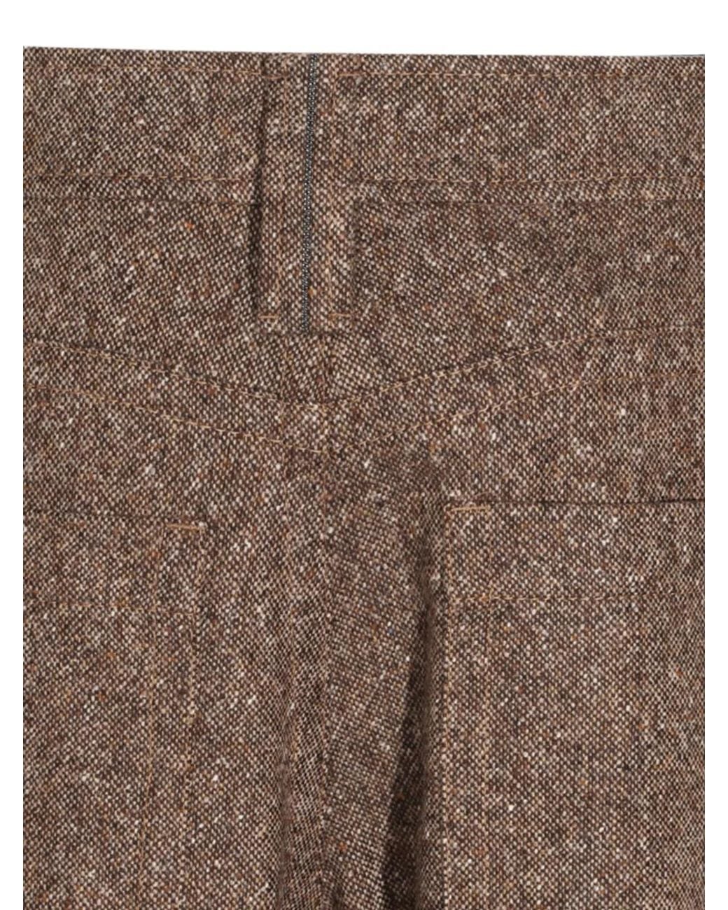 Brunello Cucinelli Brown Wool-Blend Tweed Wide-Leg Trousers Featuring Turn-Up Hems And Monili Chain Detail