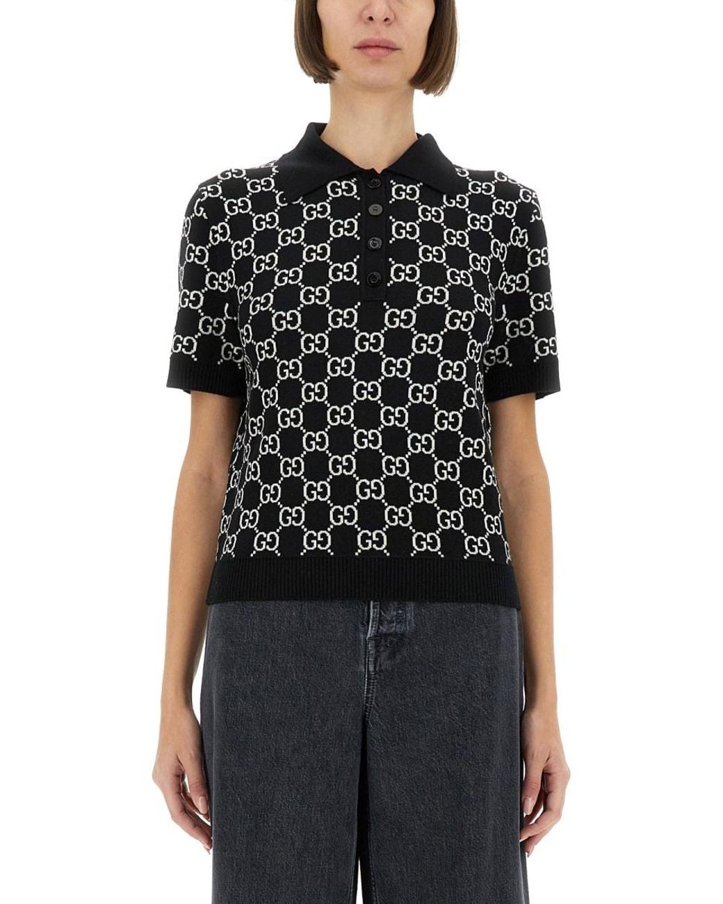 Gucci Black Gg Wool Jacquard Reversible Polo Shirt