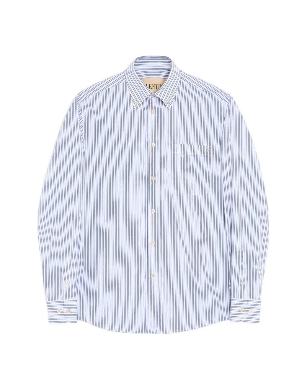 Valentino Garavani Blue Cotton Poplin Shirt With Vgold Stripes for men