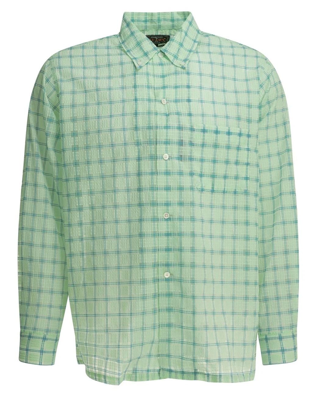 Beams Plus Green Open Db Nylon Airy Plaid Nylon Casual Shirt for men