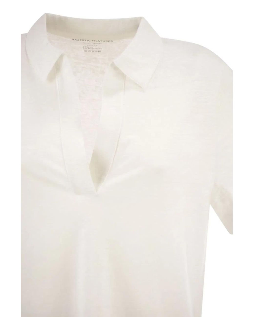 Majestic White Cropped Linen Stretch Polo With V-Neck