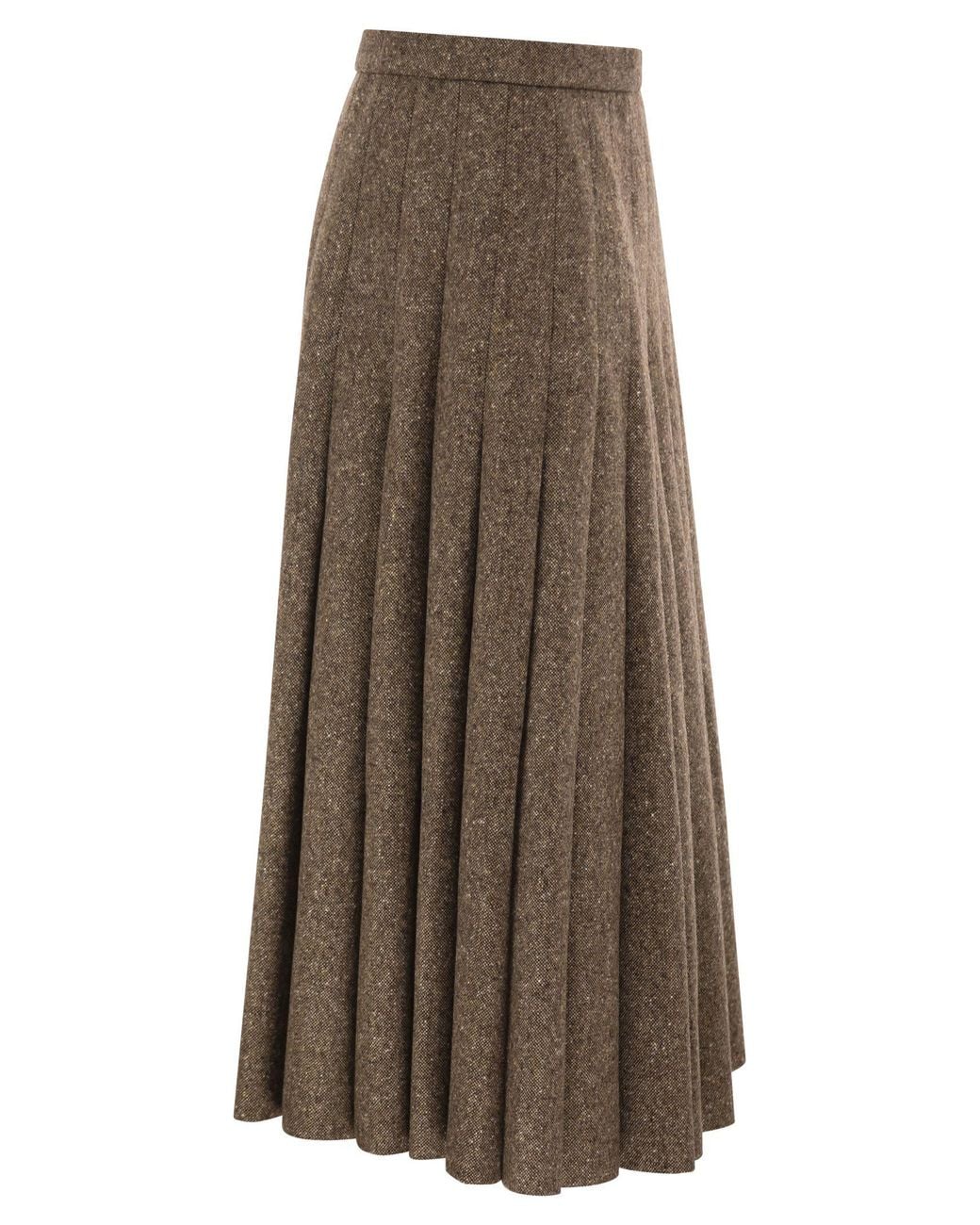 Brunello Cucinelli Brown Pleated Wool Midi Skirt