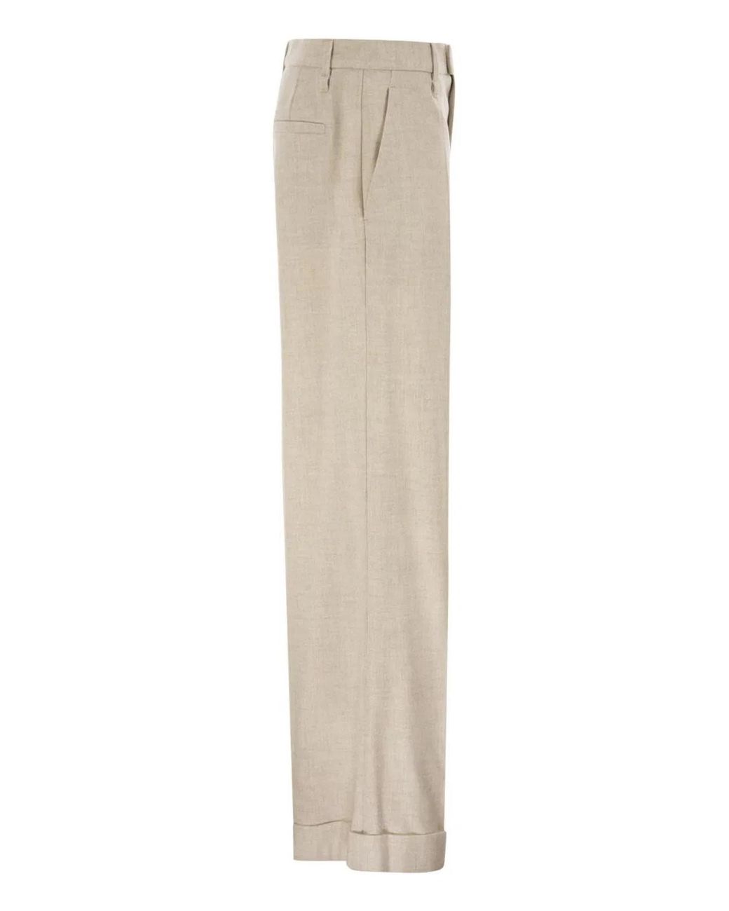 Brunello Cucinelli Natural Virgin Wool And Cashmere Tailored Trousers With Turn-Up Hem