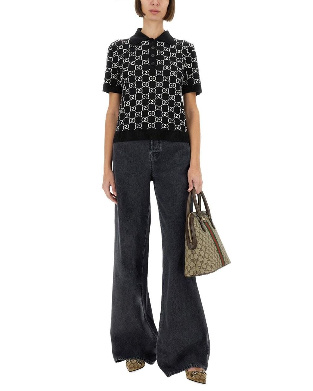 Gucci Black Gg Wool Jacquard Reversible Polo Shirt