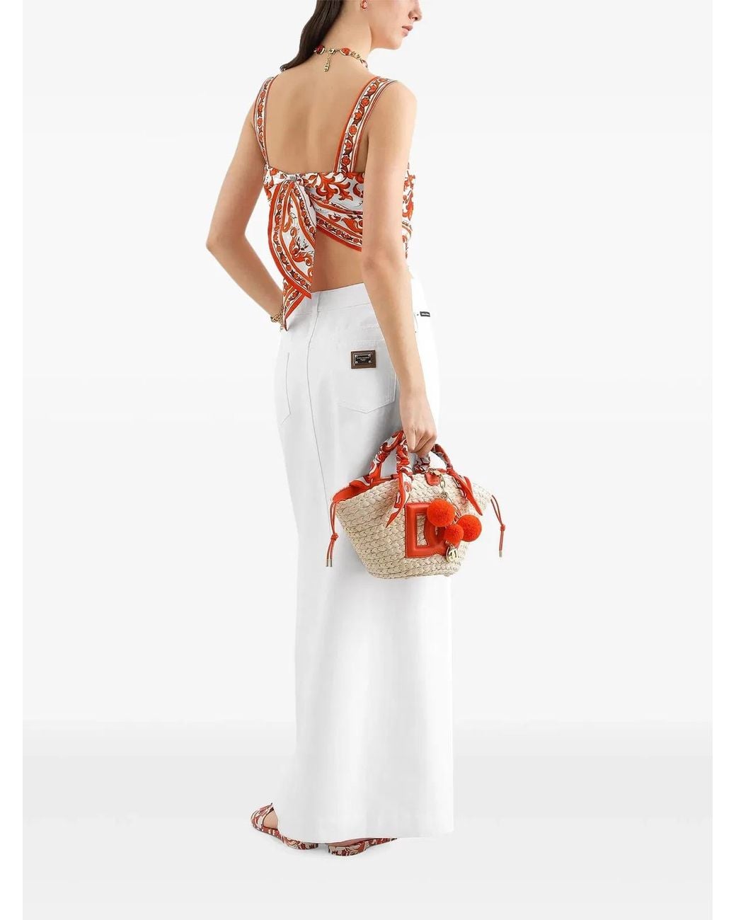 Dolce & Gabbana White Dolce & Gabbana Majolica-Print Silk Twill Bustier Top