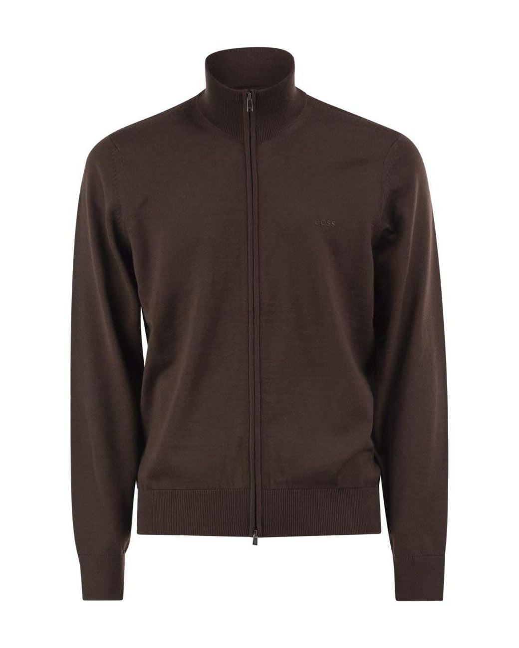 Boss Brown Pure Virgin Wool Zip-Up Cardigan for men