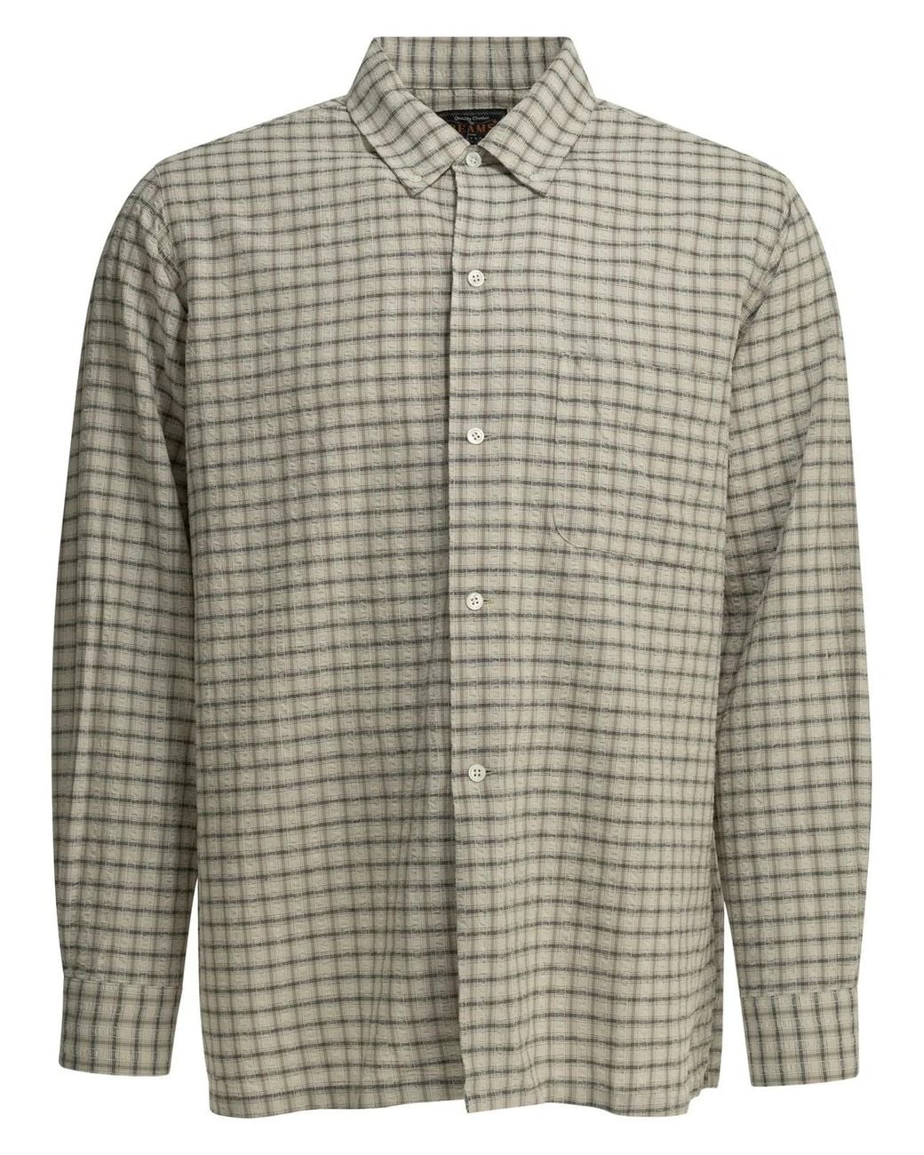 Beams Plus Gray Open Bd Sucker Cotton Linen Casual Shirt for men