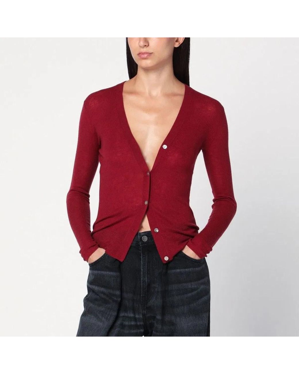 6397 Red Bordeaux Semi-Sheer Knit Cardigan