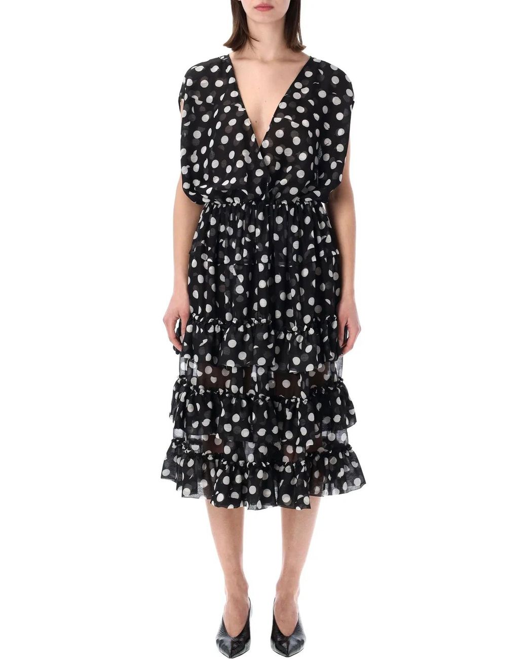 Dries Van Noten Black Polka Dot Ruffle Midi Dress