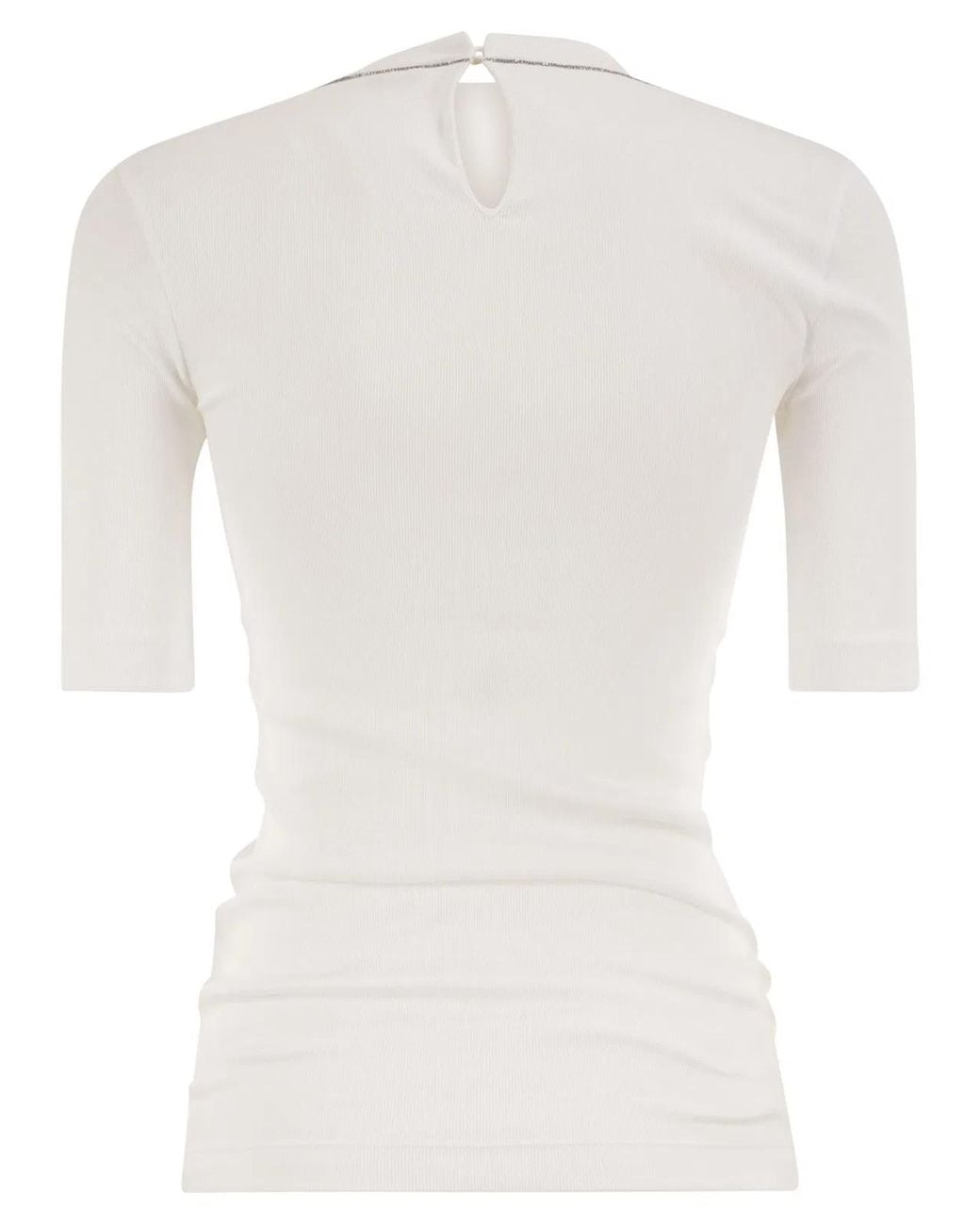 Brunello Cucinelli White Ribbed Stretch Cotton T-Shirt With Monili Trim