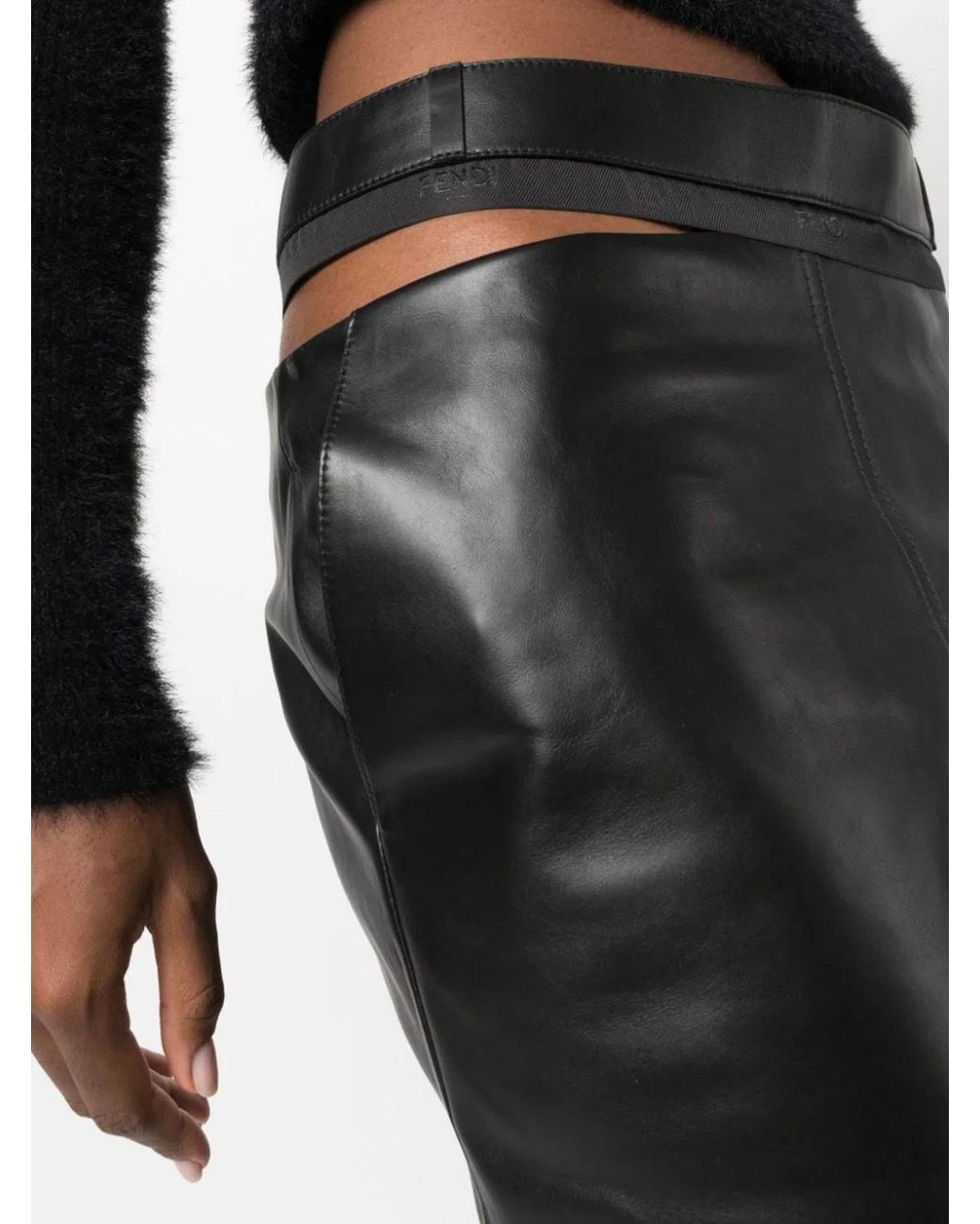 Fendi Black Leather Midi Skirt