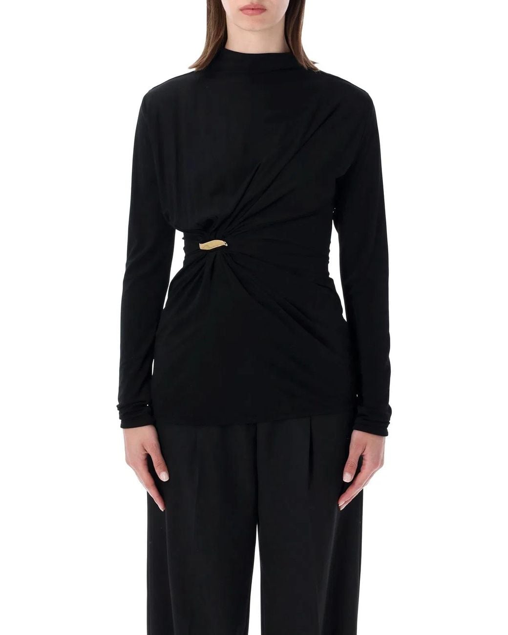 Bottega Veneta Black Long-Sleeve Draped High-Neck Top With Waist Detail