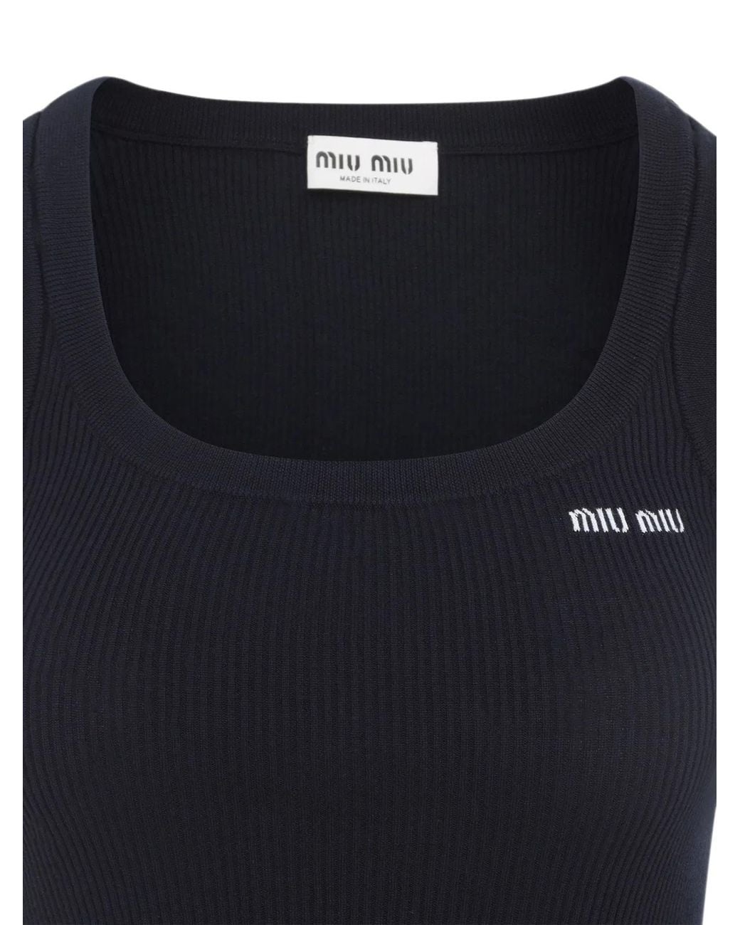 Miu Miu Blue Logo-Embroidered Ribbed-Knit Top