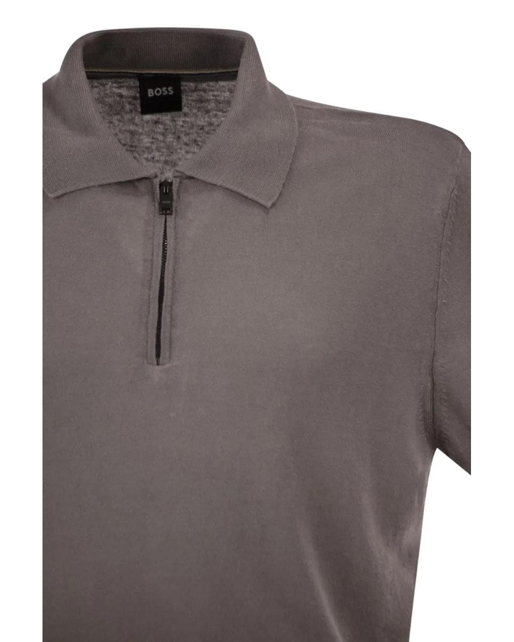 Boss Gray Linen And Viscose Polo Shirt With Zip And Contrast Trims for men