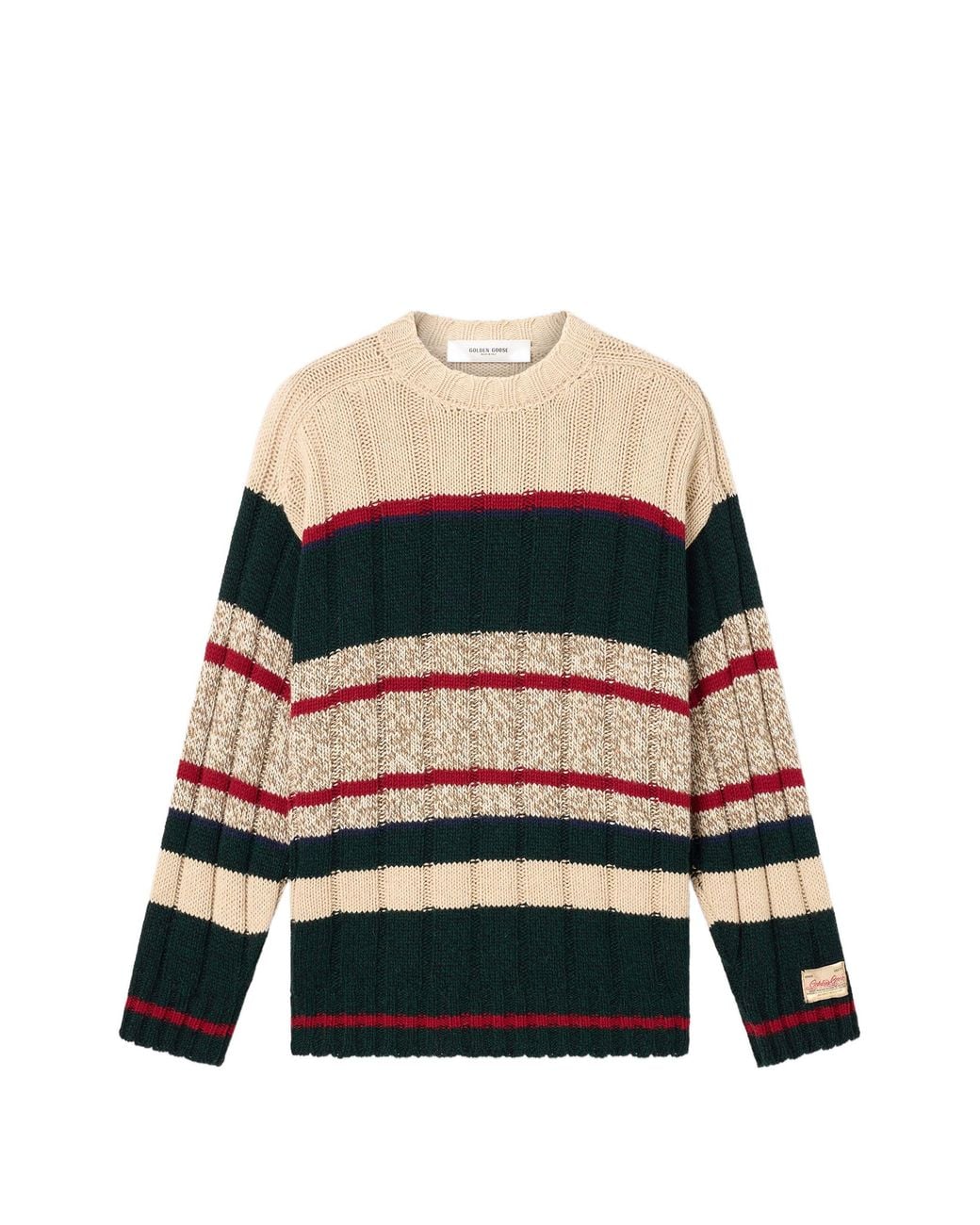 Golden Goose Deluxe Brand Black Journey Knit Crewneck Reynard Raglan Sleeves Mouliné Wool Stripes Sweater for men