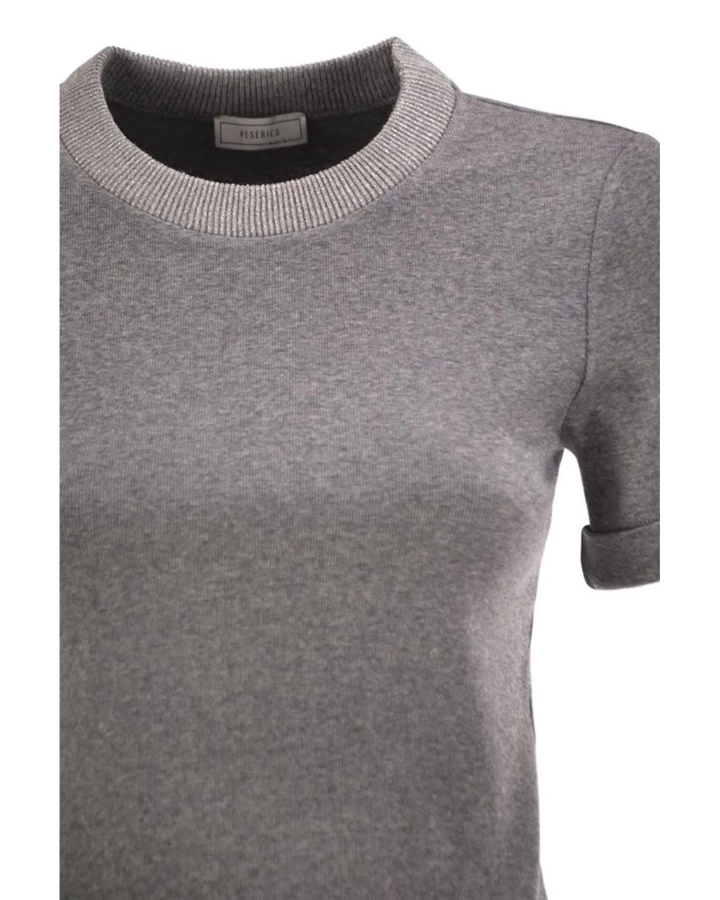 Peserico Gray Stretch Cotton Jersey T-Shirt With Lamé Knit Neckline