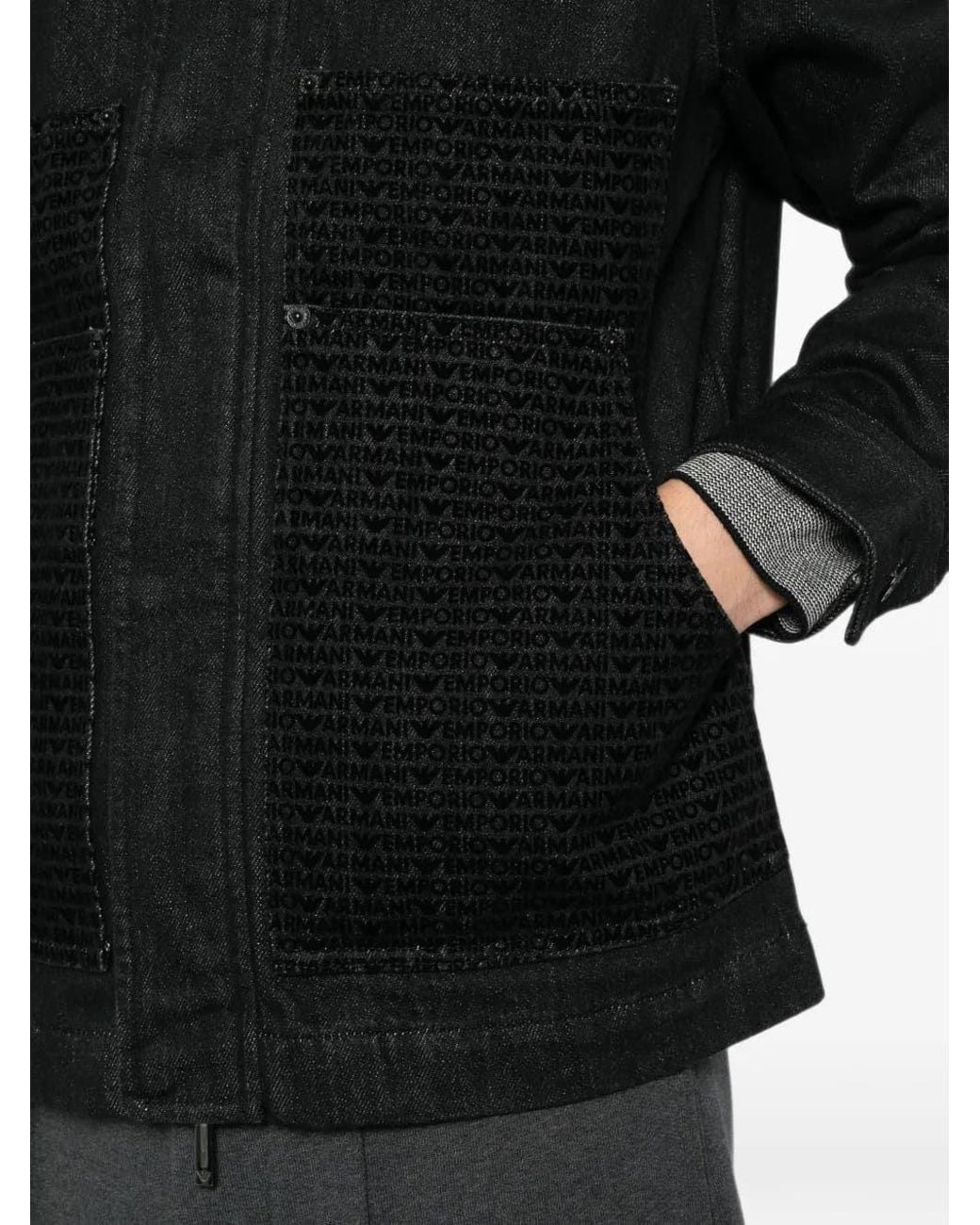 Emporio Armani Black Logo-Pattern Denim Jacket for men