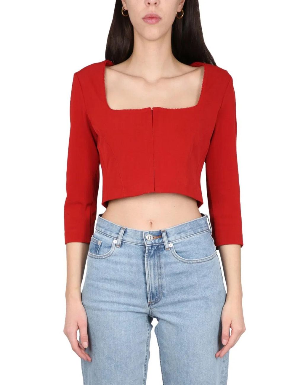 Acne Red Long Sleeve Square Neck Top