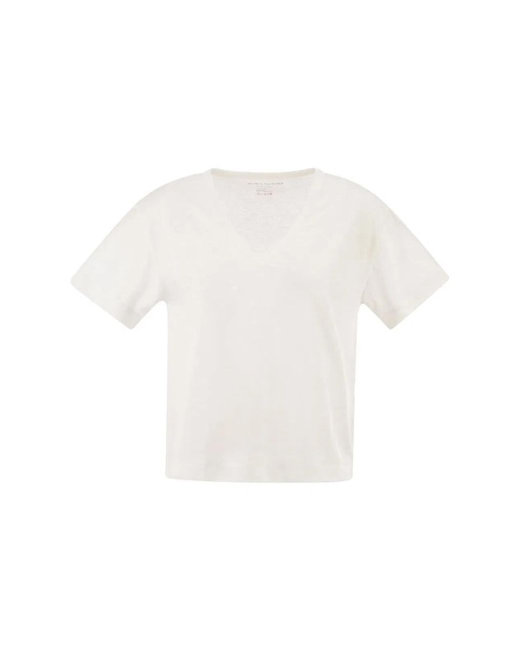 Majestic White Stretch Linen T-Shirt With V-Neck