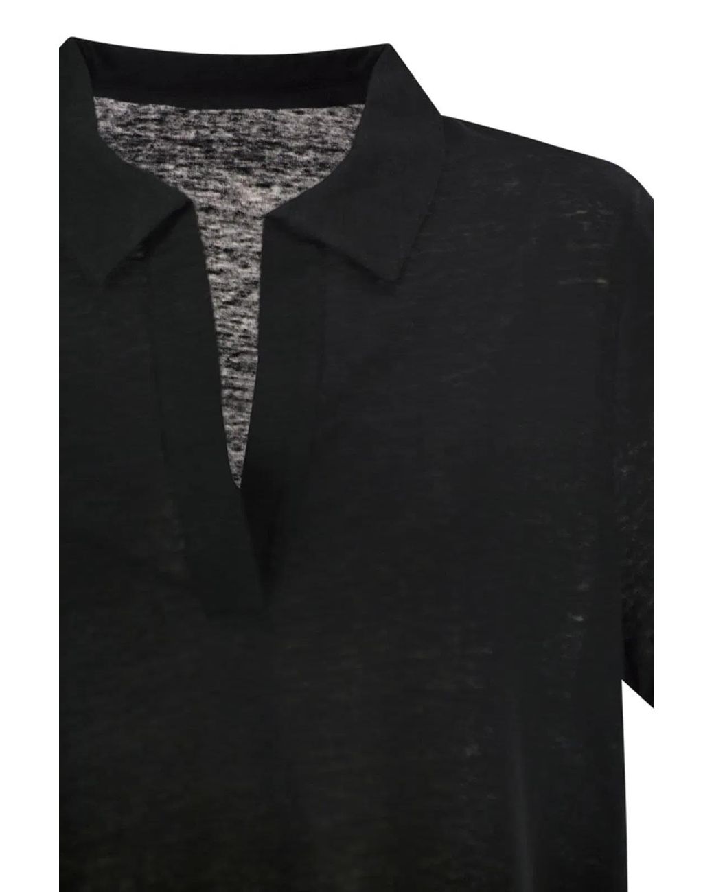 Majestic Black Cropped Linen Stretch Polo With V-Neck