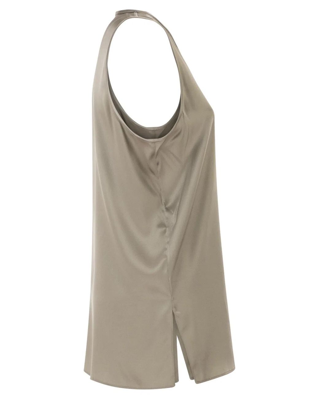 Brunello Cucinelli Gray Stretch Silk Satin Crew Neck Top
