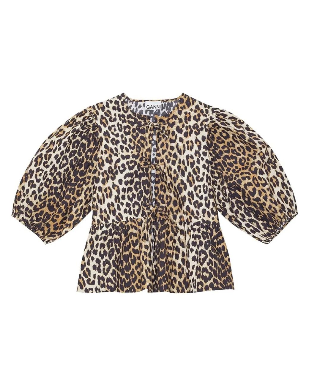 Ganni White Leopard Peplum Tie Blouse