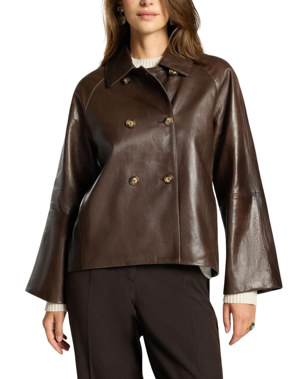 Elena Miro Brown Double-Breasted Leather Jacket