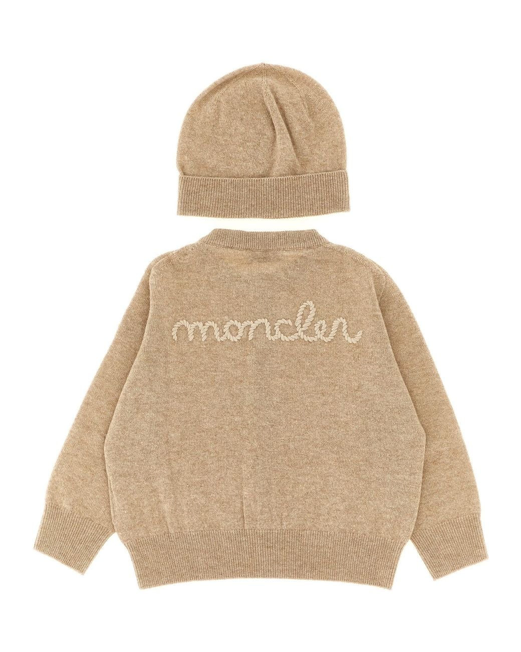 Moncler Natural Enfant Cardigan + Logo Embroidery Beanie