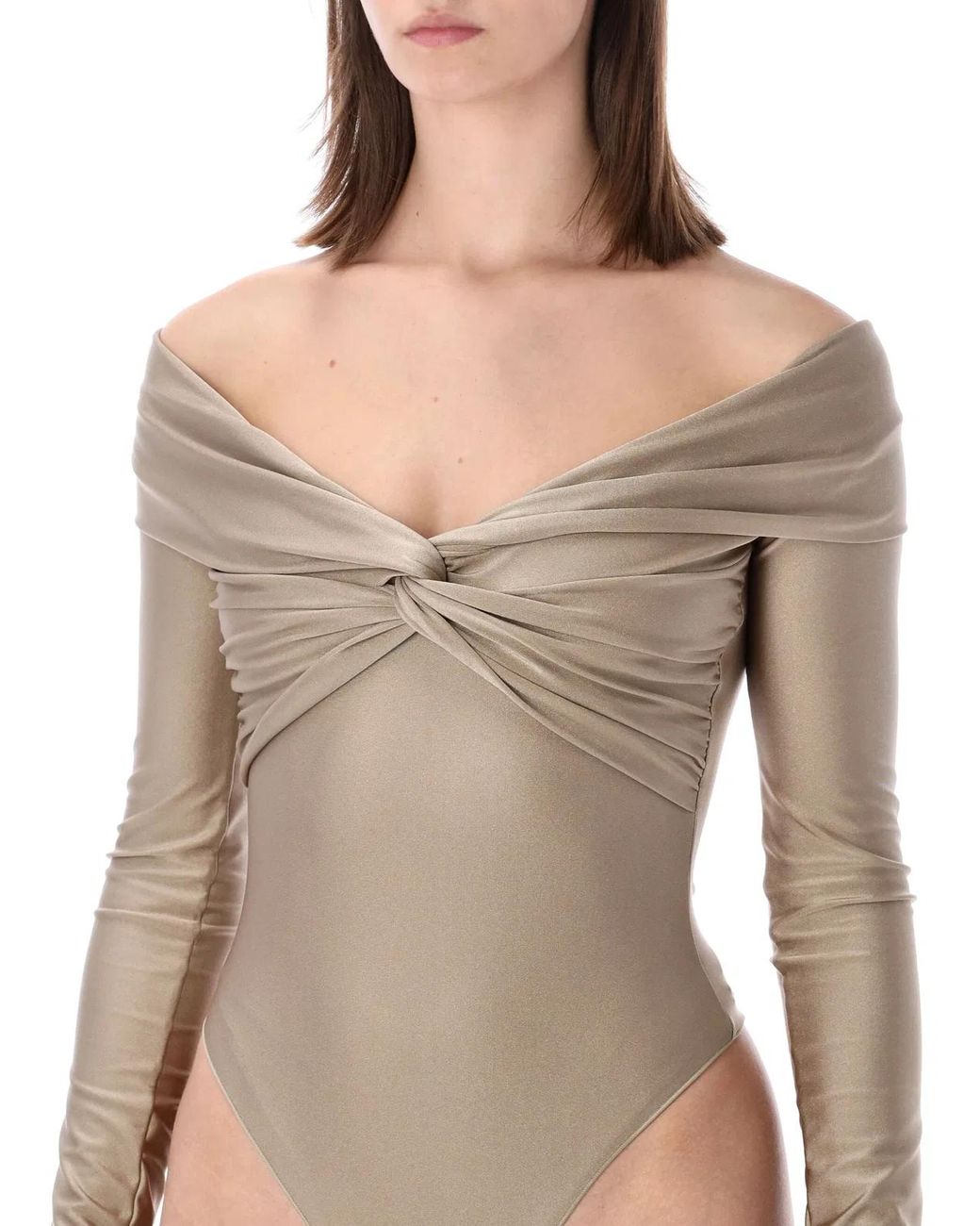 ANDAMANE Black Stretch Off-Shoulder Draped Bodysuit