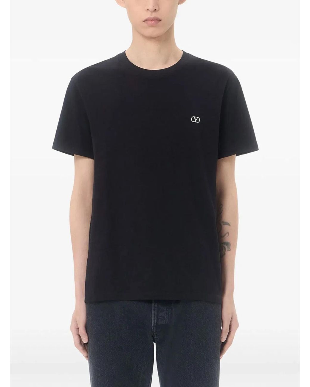 Valentino Garavani Black Cotton T-Shirt With Vlogo Embroidery for men