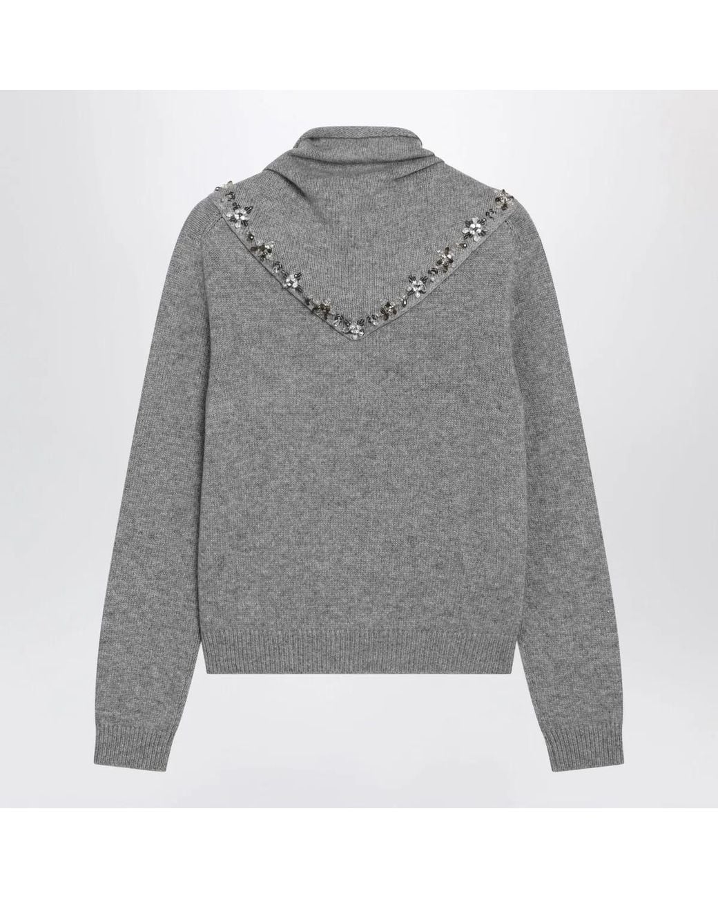 Prada Gray Cashmere Sweater With Jeweled Scarf
