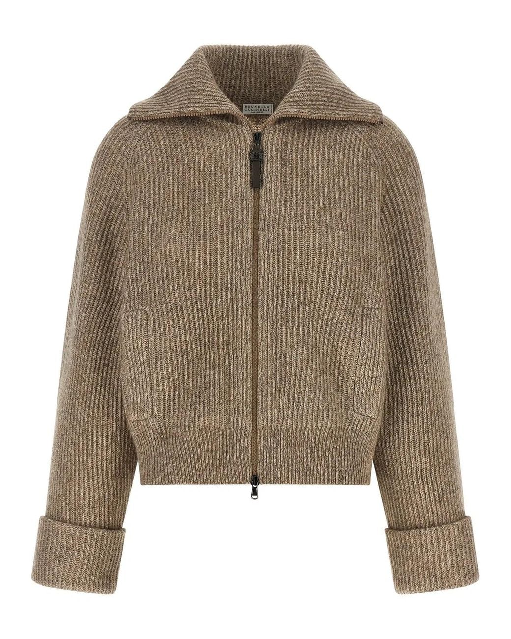 Brunello Cucinelli Natural 'Shiny Zipper Pull' Cardigan