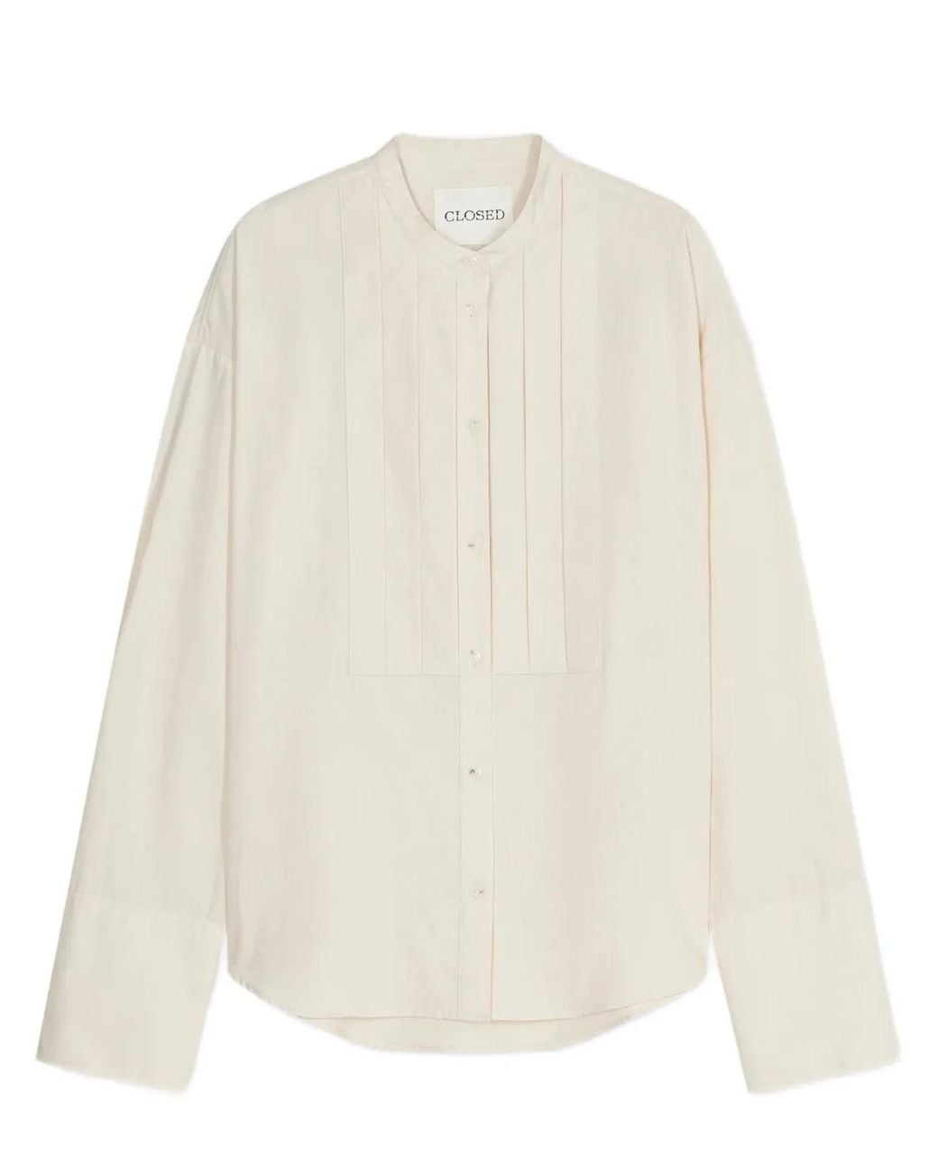 Closed White Relaxed Fit Blouse With Vertical Pleats And Band Collar