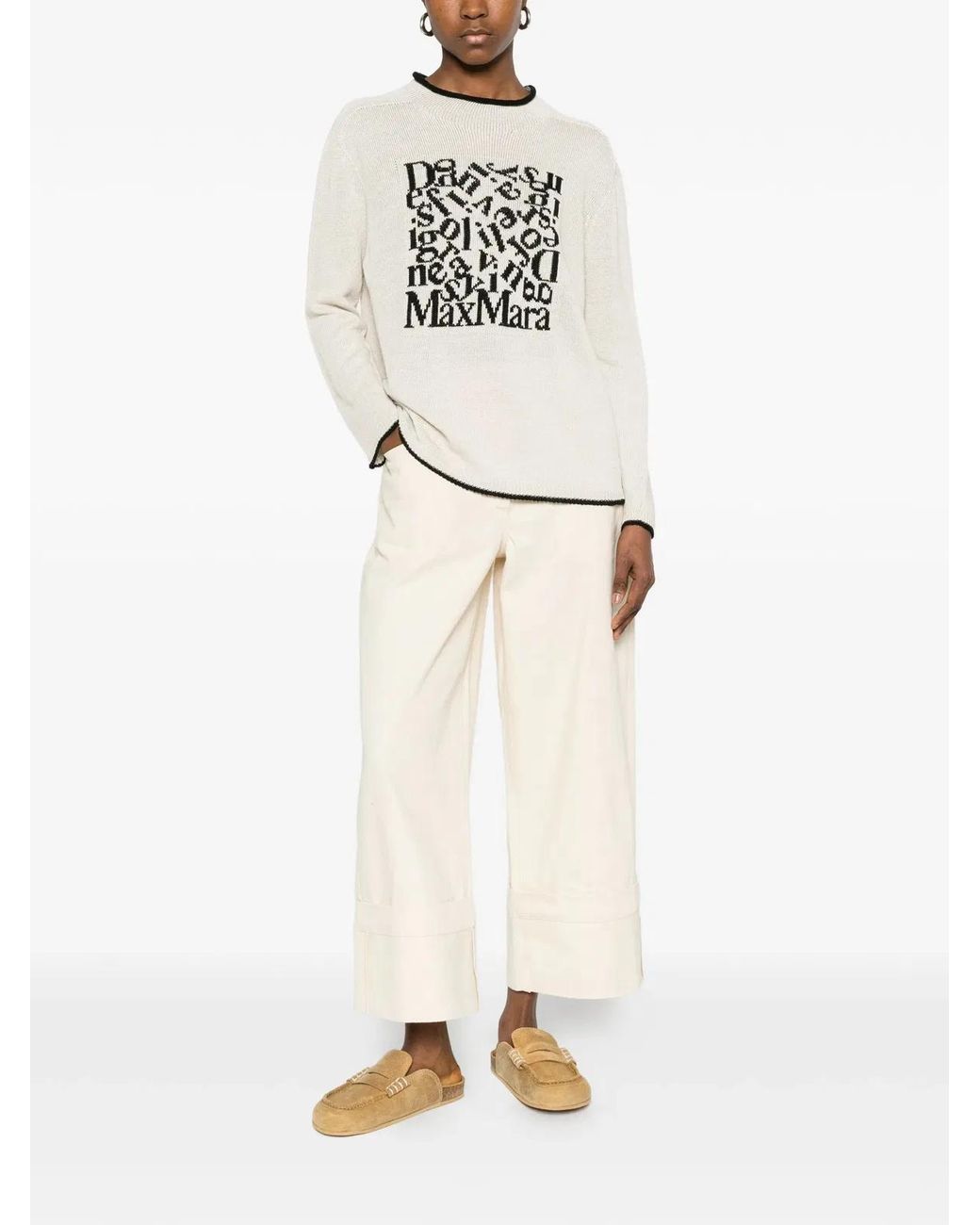Max Mara White Embroidered Front Linen Sweater With Contrasting Trim