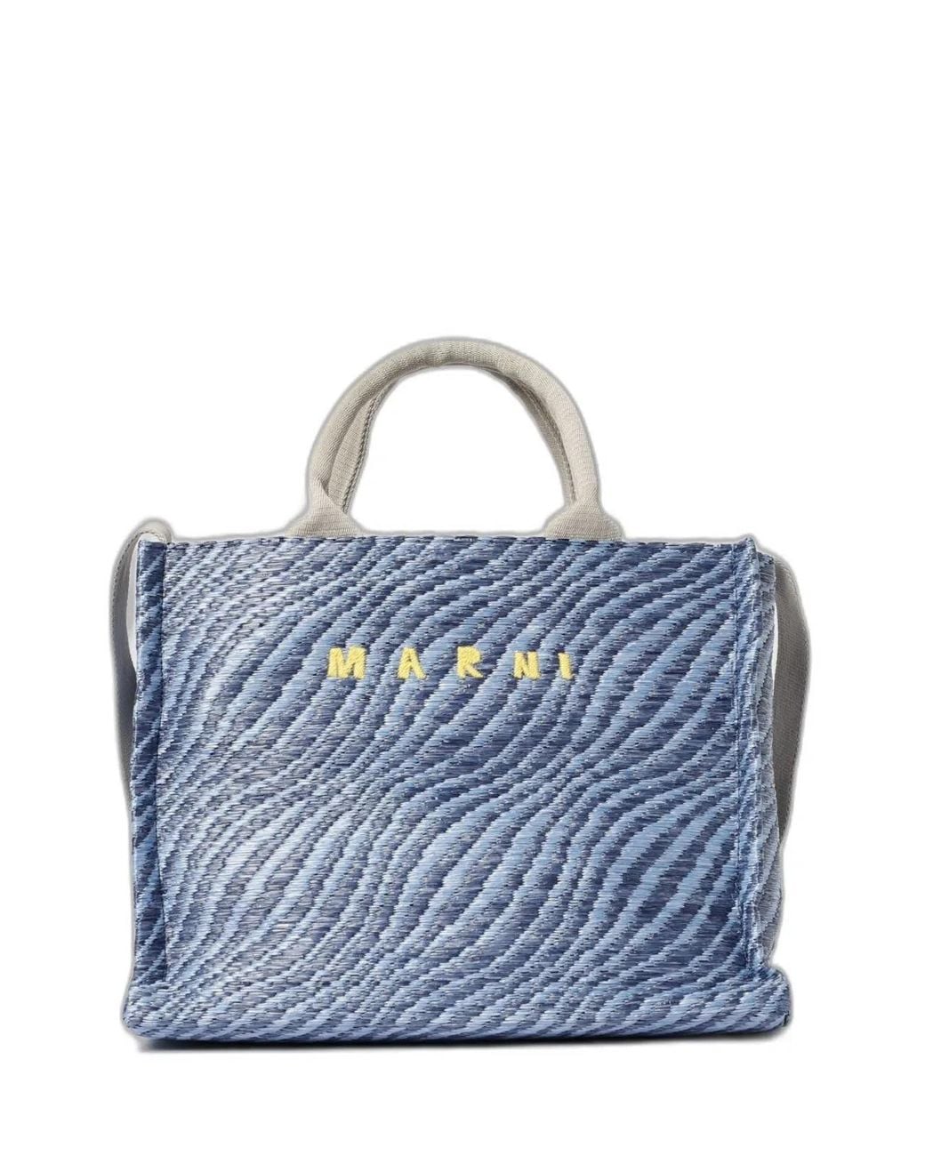 Marni Blue Wavy Raffia-Effect Small Tote Bag