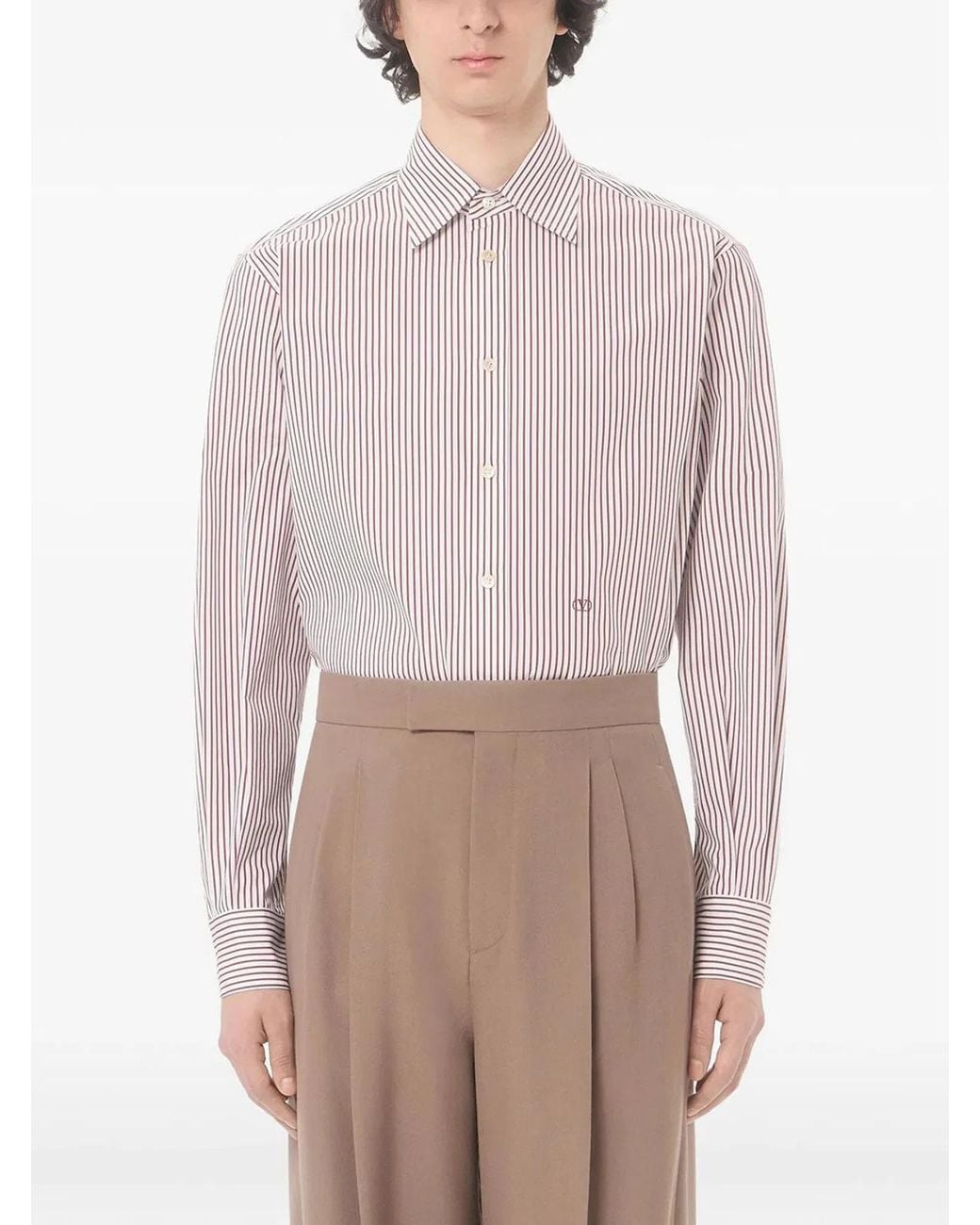 Valentino Garavani Pink Cotton Poplin Striped Shirt With Vlogo Embroidery for men