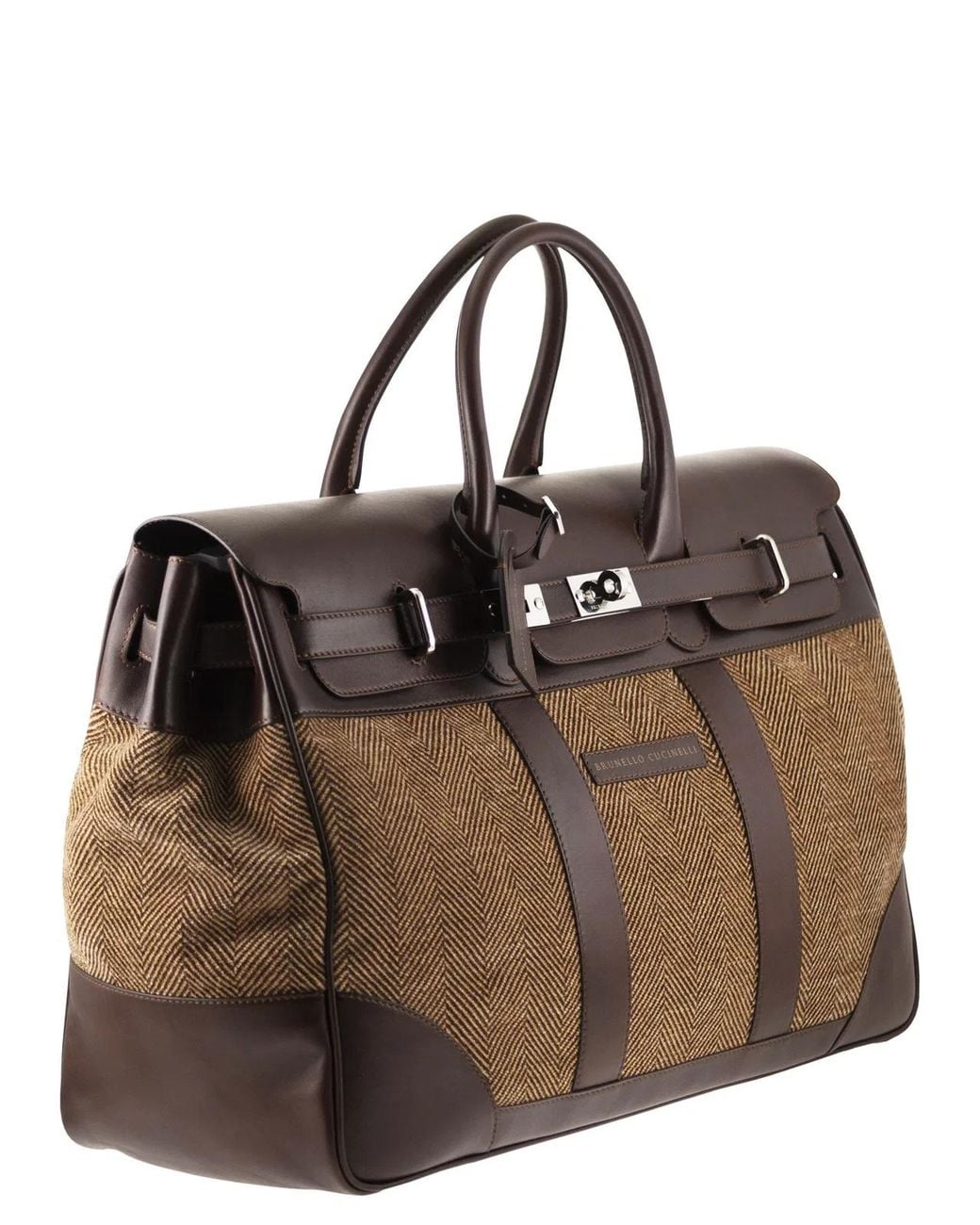 Brunello Cucinelli Brown Herringbone Fabric And Leather Weekender Bag for men