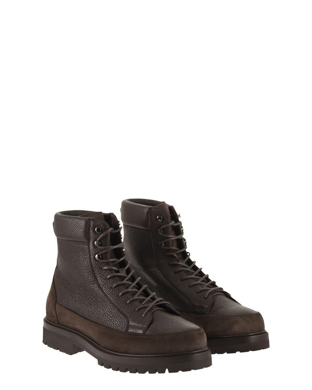 Brunello Cucinelli Brown Lace-Up Deer Leather And Suede Ankle Boots for men