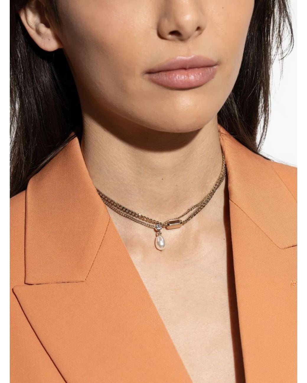 McQueen Metallic Tone Chain Drop Pendant Necklace